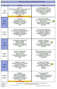 Menus du 25 au 31 mai 🥖                       ☀🌡 En raison des fortes chaleurs, le menu est susceptible d’être modifié.  ☀🌡