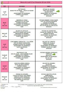 Menus du 22 au 28 juin 🍦 ☀🌡 En raison des fortes chaleurs, le menu est susceptible d’être modifié.  ☀🌡